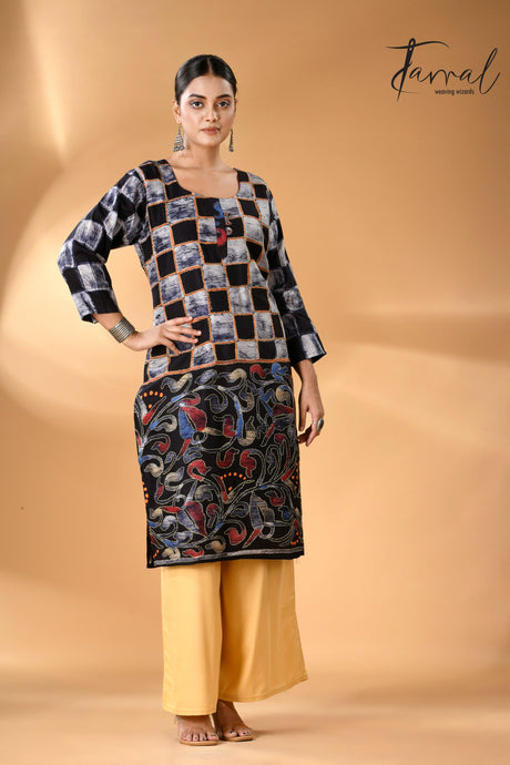 Black Silk Kurti Beautifully handwoven Batik with Kantha stitch work full