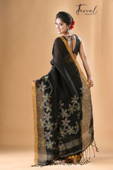 Black checks with zari border linen handloom jamdani saree - Tamal Boutique