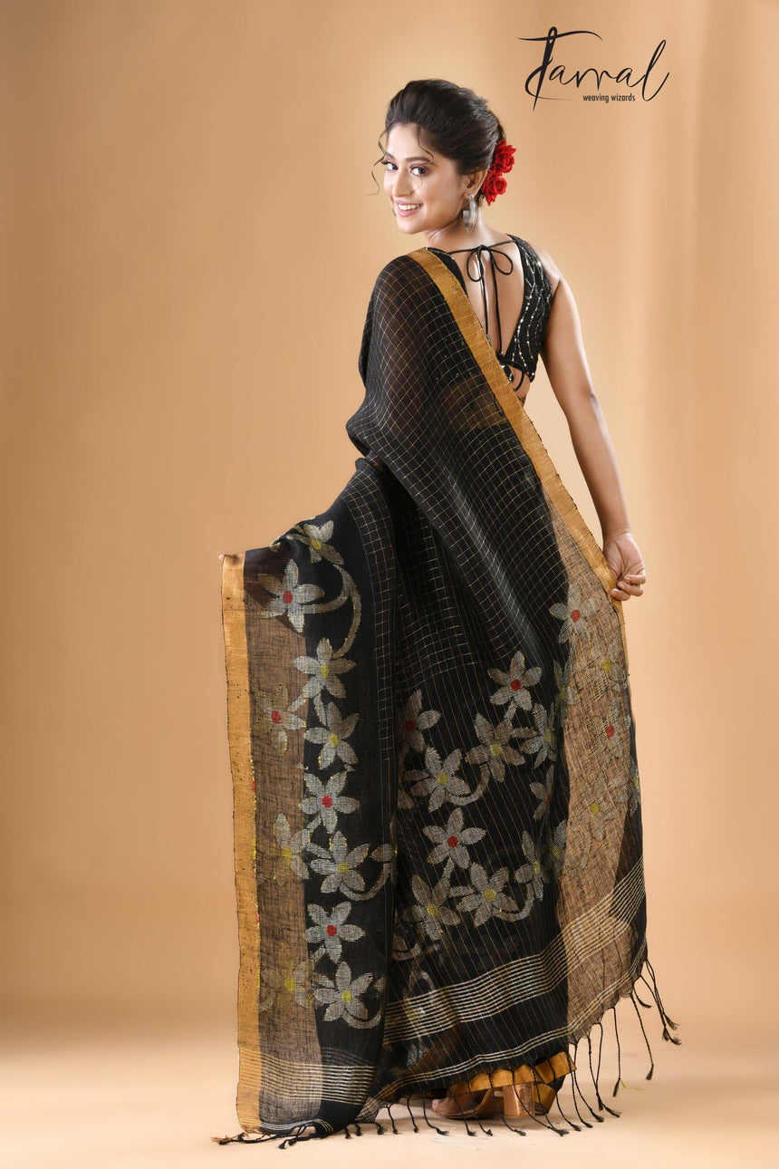 Black checks with zari border linen handloom jamdani saree - Tamal Boutique