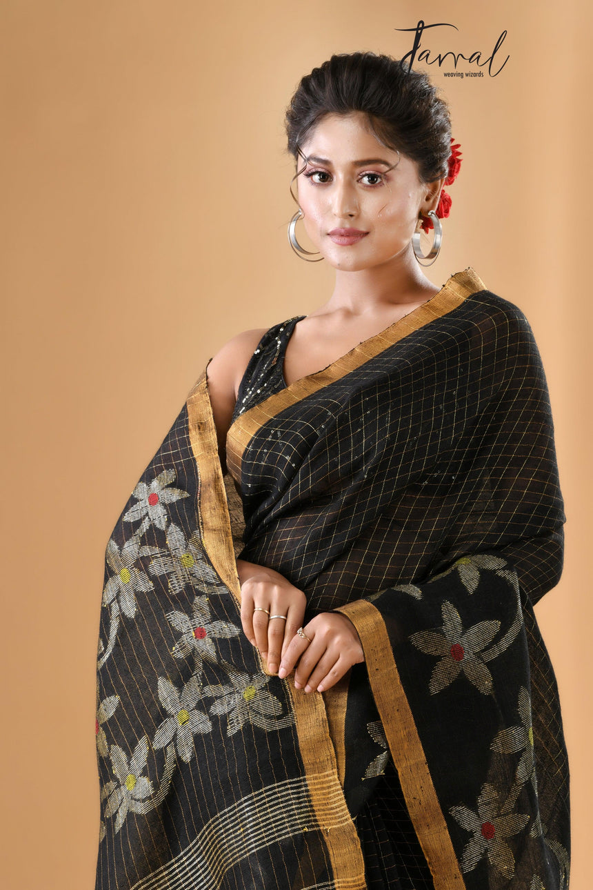 Black checks with zari border linen handloom jamdani saree - Tamal Boutique