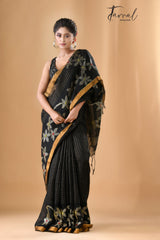 Black checks with zari border linen handloom jamdani saree - Tamal Boutique