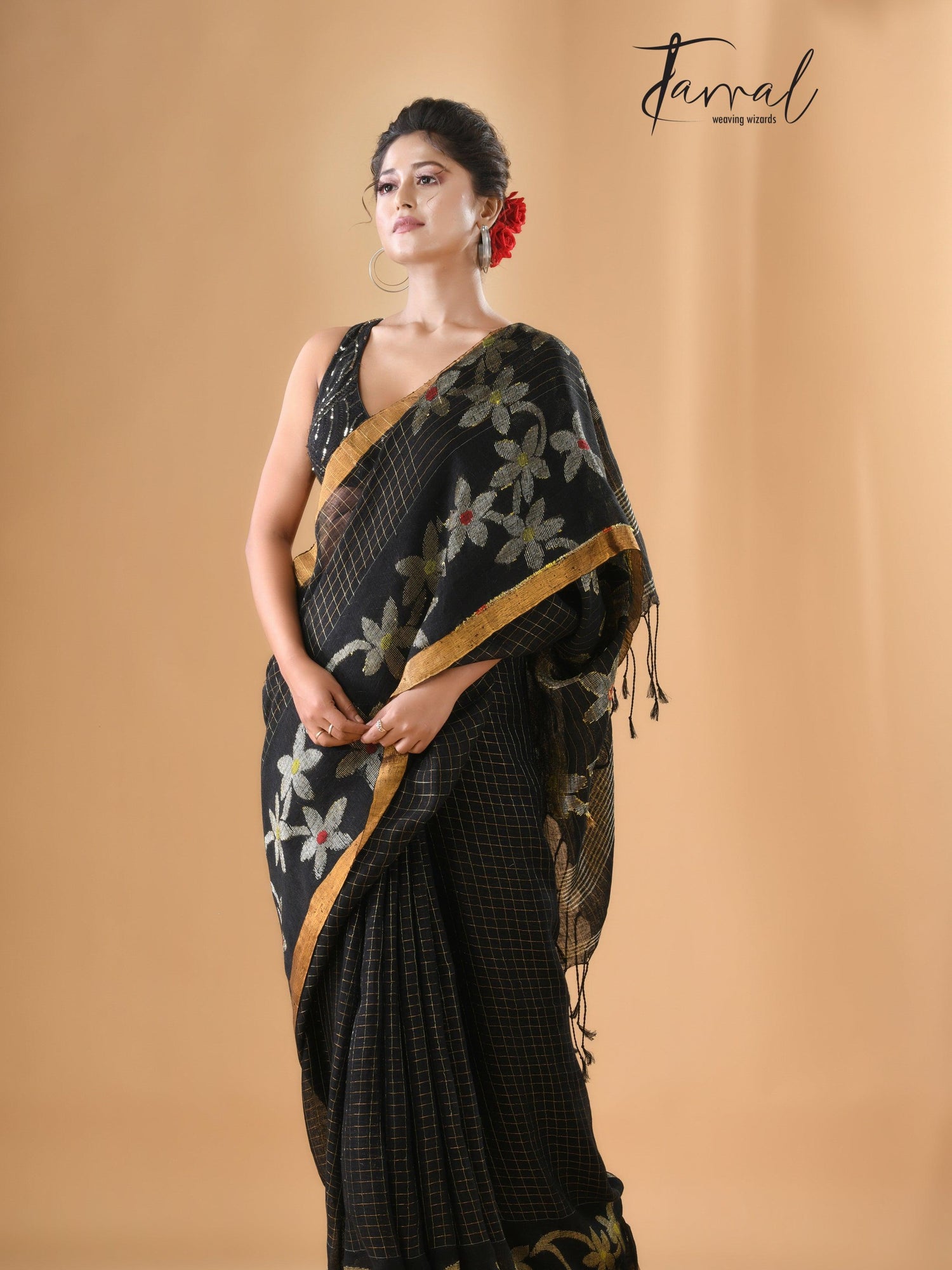 Black checks with zari border linen handloom jamdani saree - Tamal Boutique