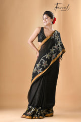 Black checks with zari border linen handloom jamdani saree - Tamal Boutique
