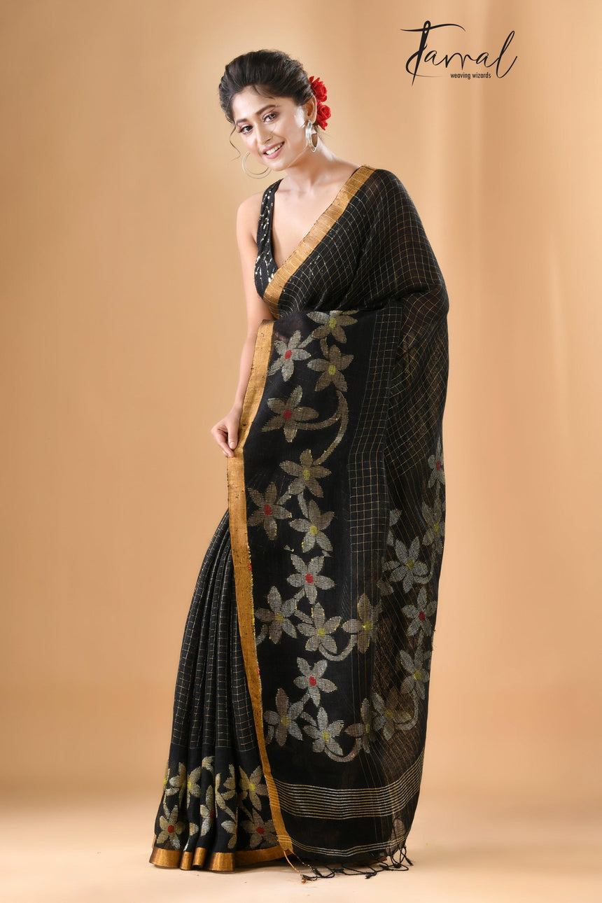 Black checks with zari border linen handloom jamdani saree - Tamal Boutique