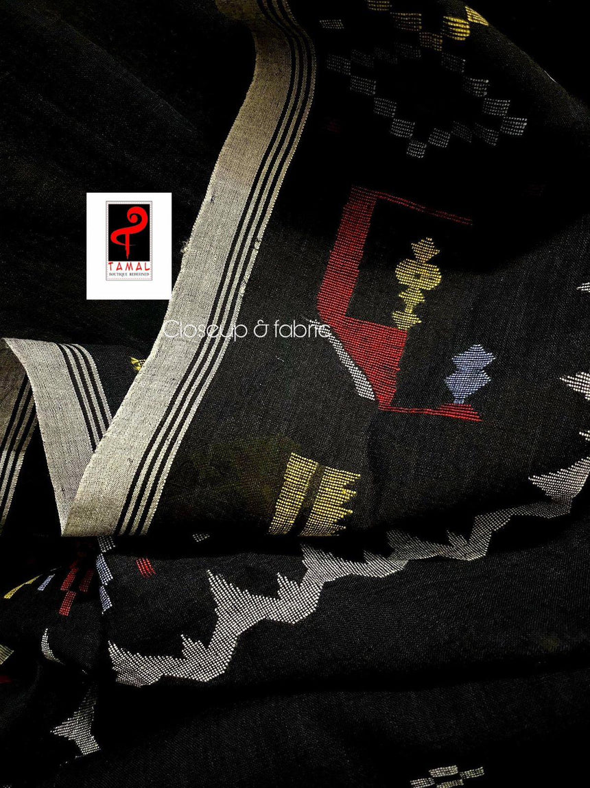 Black colour cotton traditional handwoven jamadani saree - Tamal Boutique