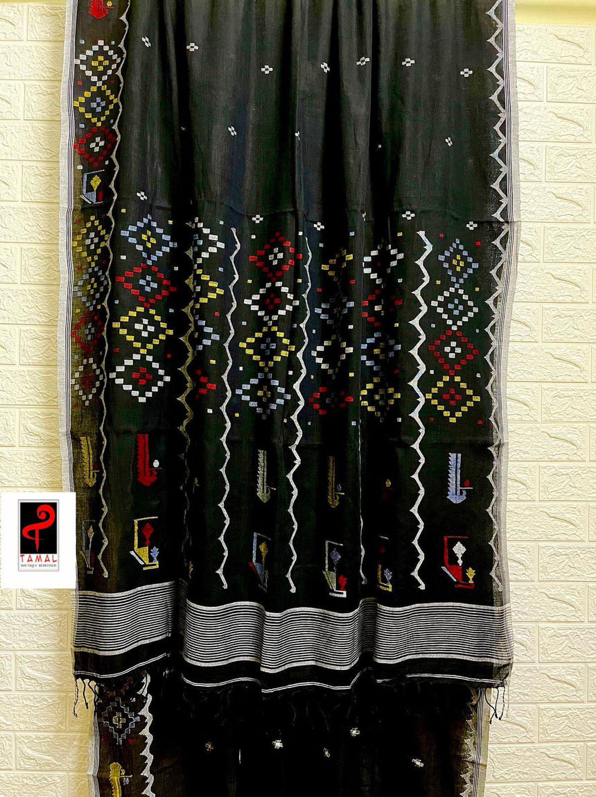 Black colour cotton traditional handwoven jamadani saree - Tamal Boutique