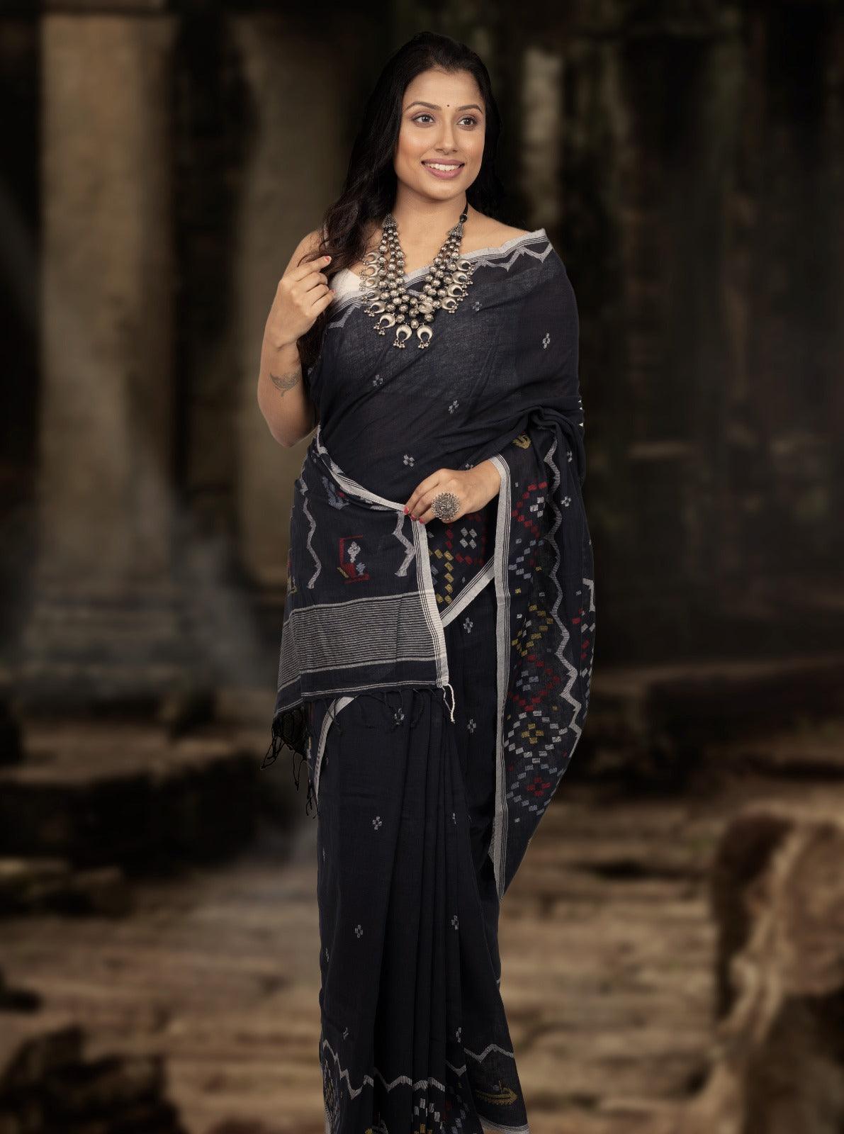 Black colour pure cotton traditional handwoven jamadani saree