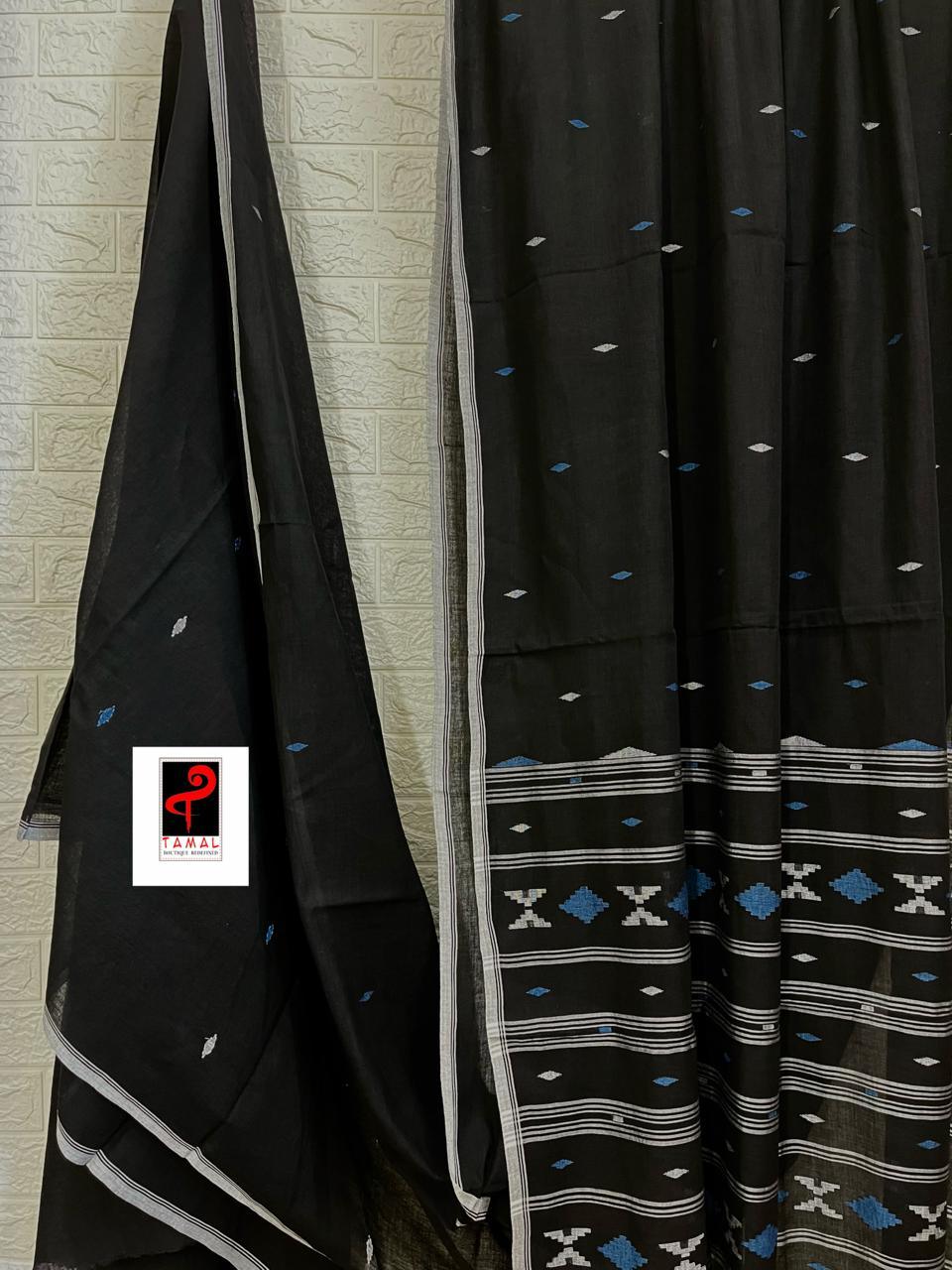 Black colour pure cotton traditional handwoven jamadani saree