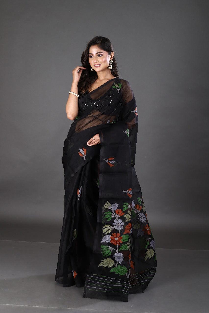 Black with multicolour floral muslin silk handwoven jamdani saree - Tamal Boutique