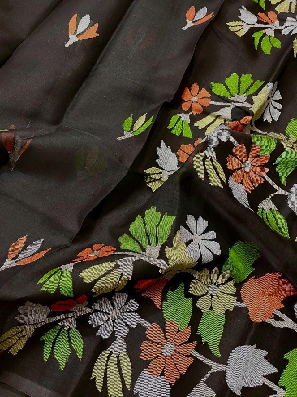 Black with multicolour floral muslin silk handwoven jamdani saree - Tamal Boutique