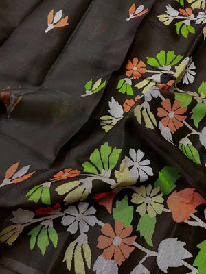 Black with multicolour floral muslin silk handwoven jamdani saree - Tamal Boutique