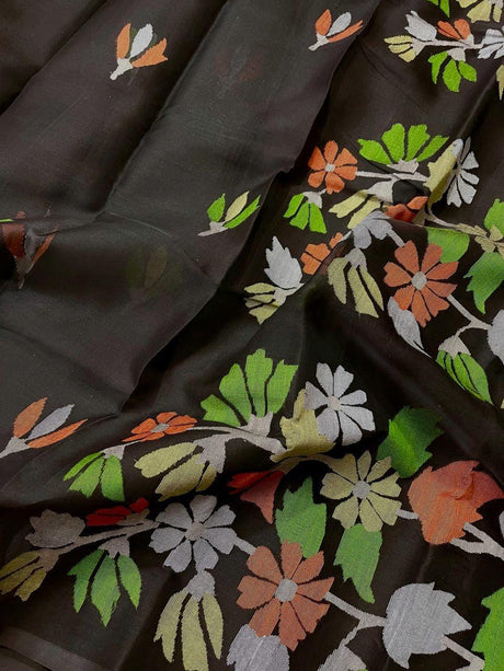 Black with multicolour floral muslin silk handwoven jamdani saree - Tamal Boutique