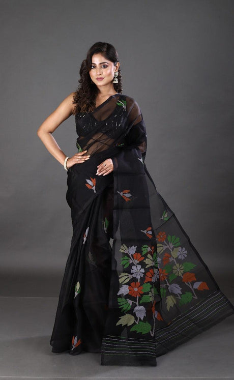 Black with multicolour floral muslin silk handwoven jamdani saree - Tamal Boutique
