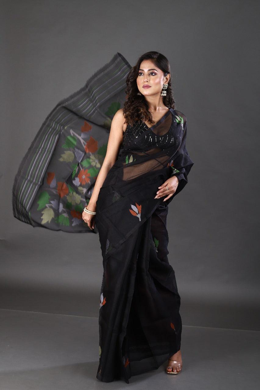 Black with multicolour floral muslin silk handwoven jamdani saree - Tamal Boutique