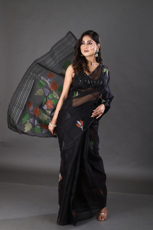Black with multicolour floral muslin silk handwoven jamdani saree - Tamal Boutique