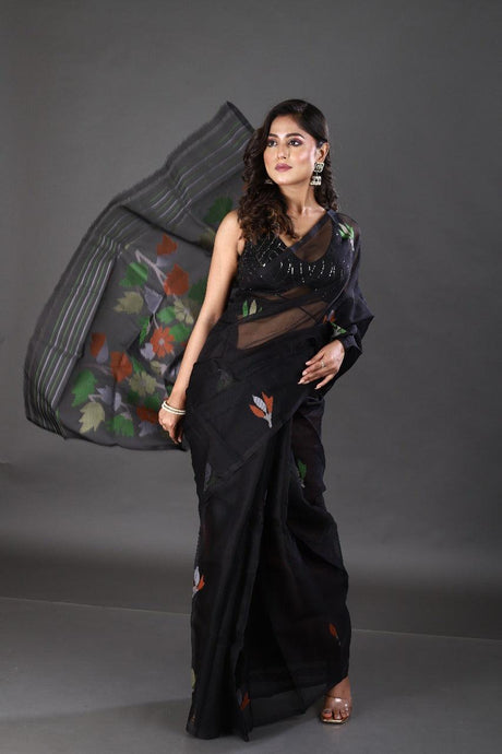 Black with multicolour floral muslin silk handwoven jamdani saree - Tamal Boutique