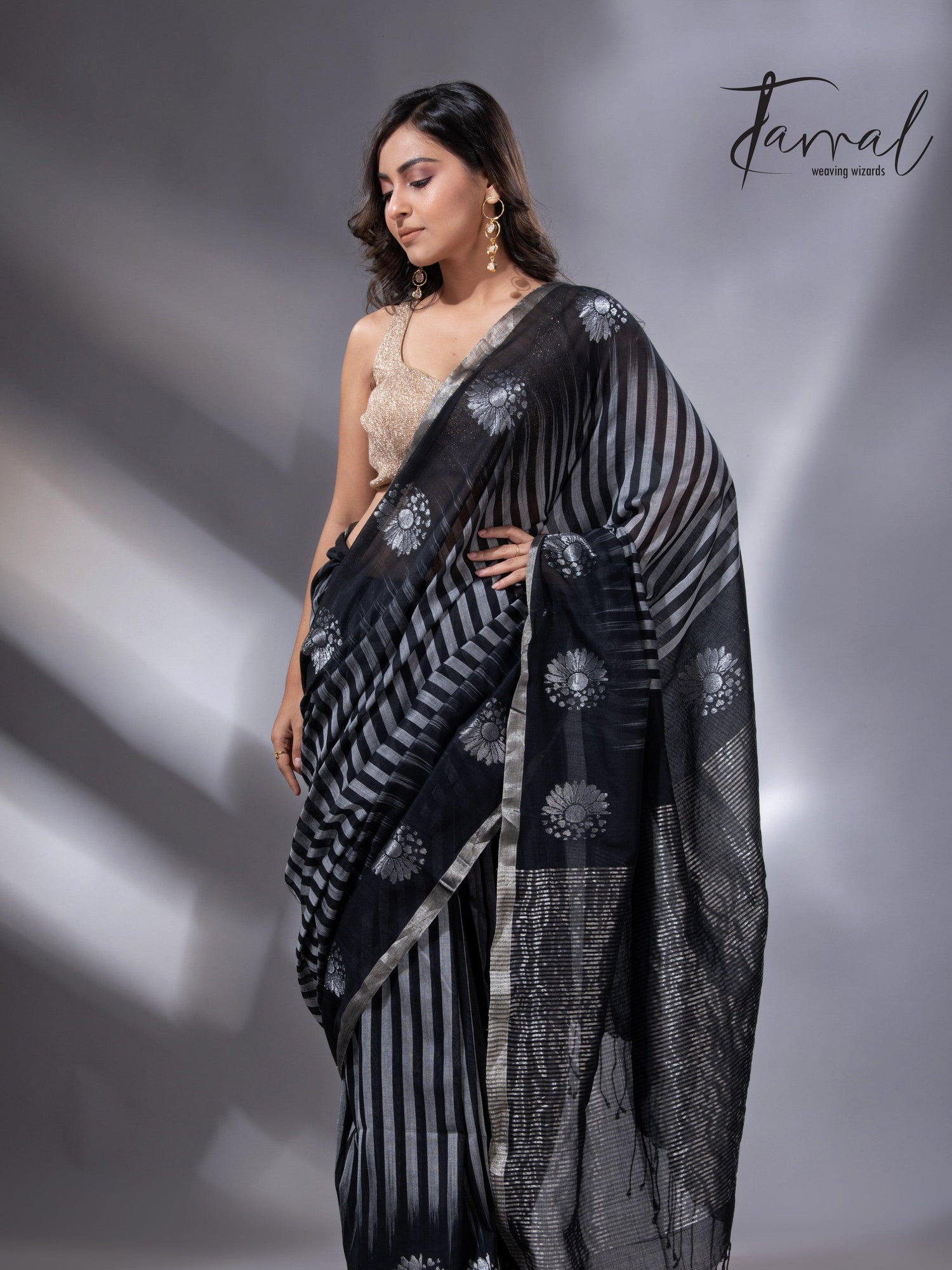 Black colour with zari striped pure cotton handloom saree 