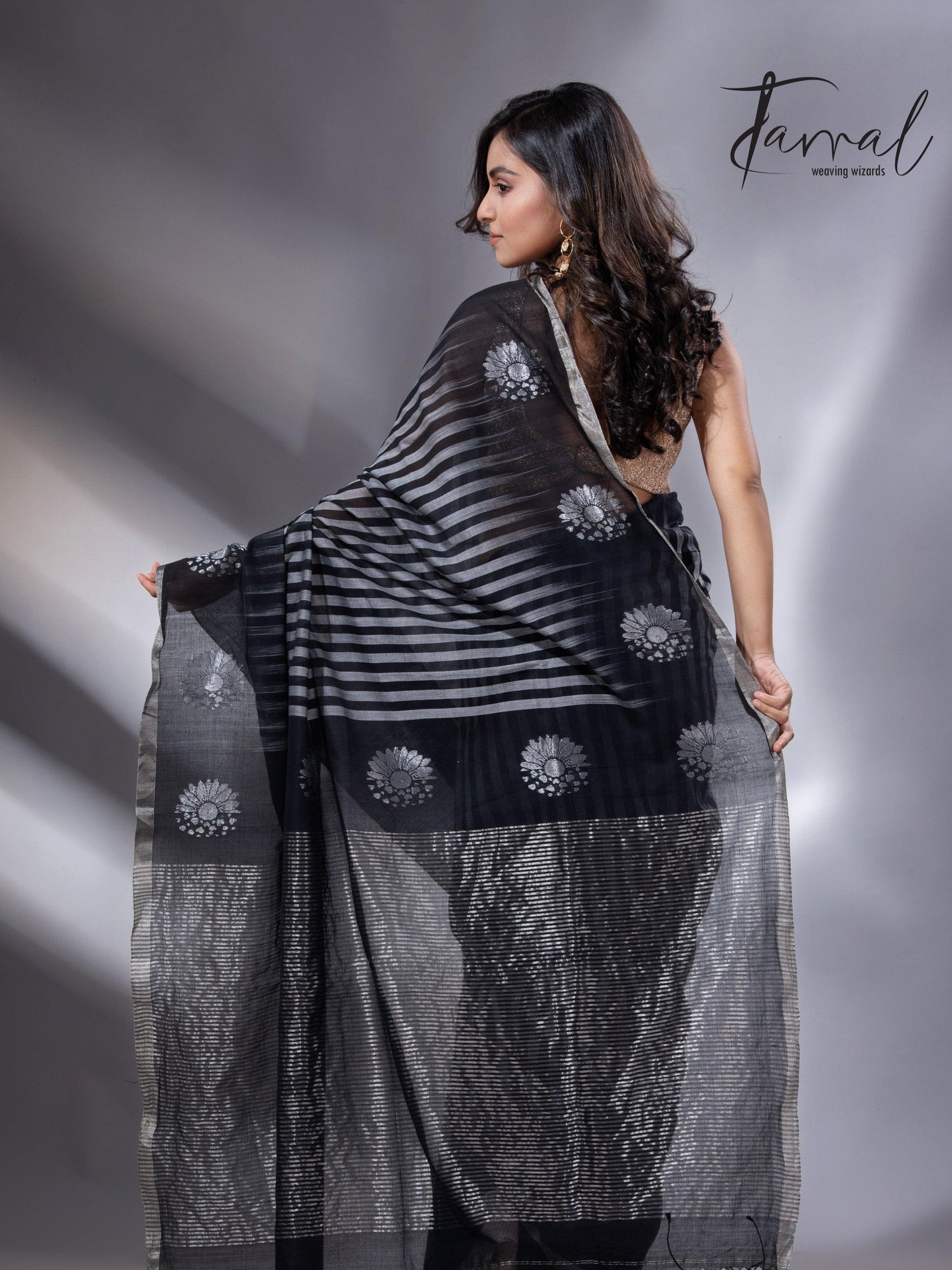 Black colour with zari striped pure cotton handloom saree 