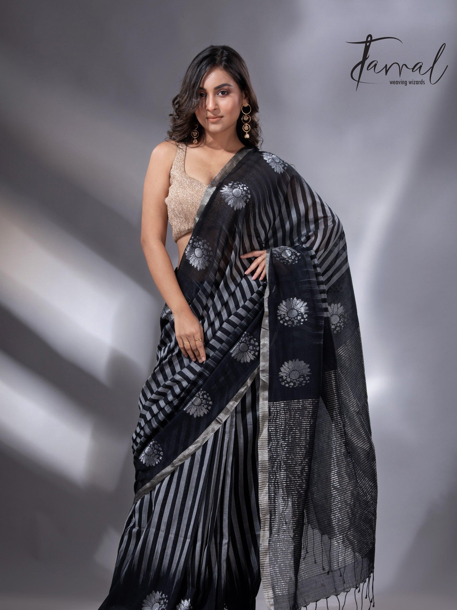 Black colour with zari striped pure cotton handloom saree 