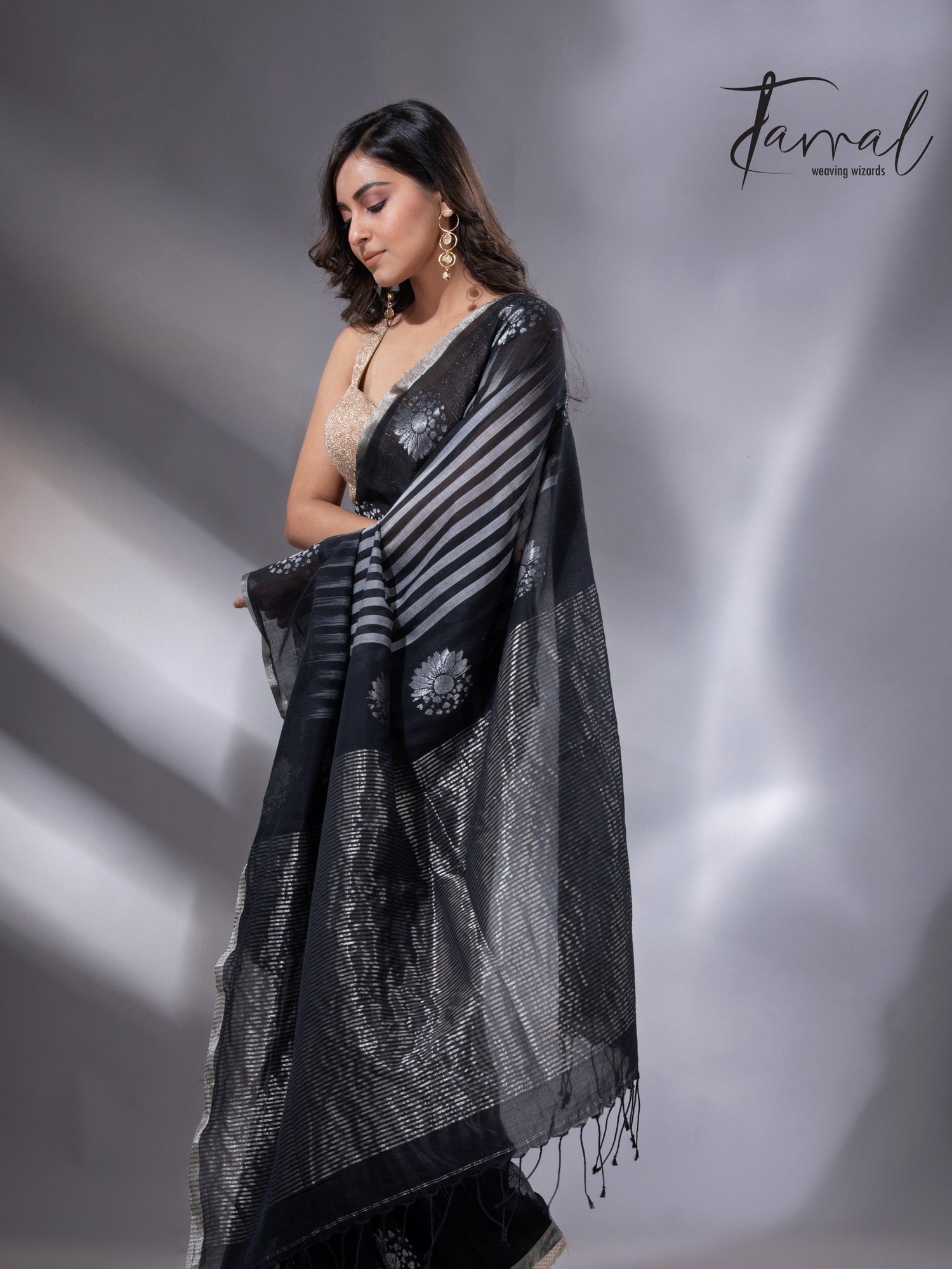 Black colour with zari striped pure cotton handloom saree 