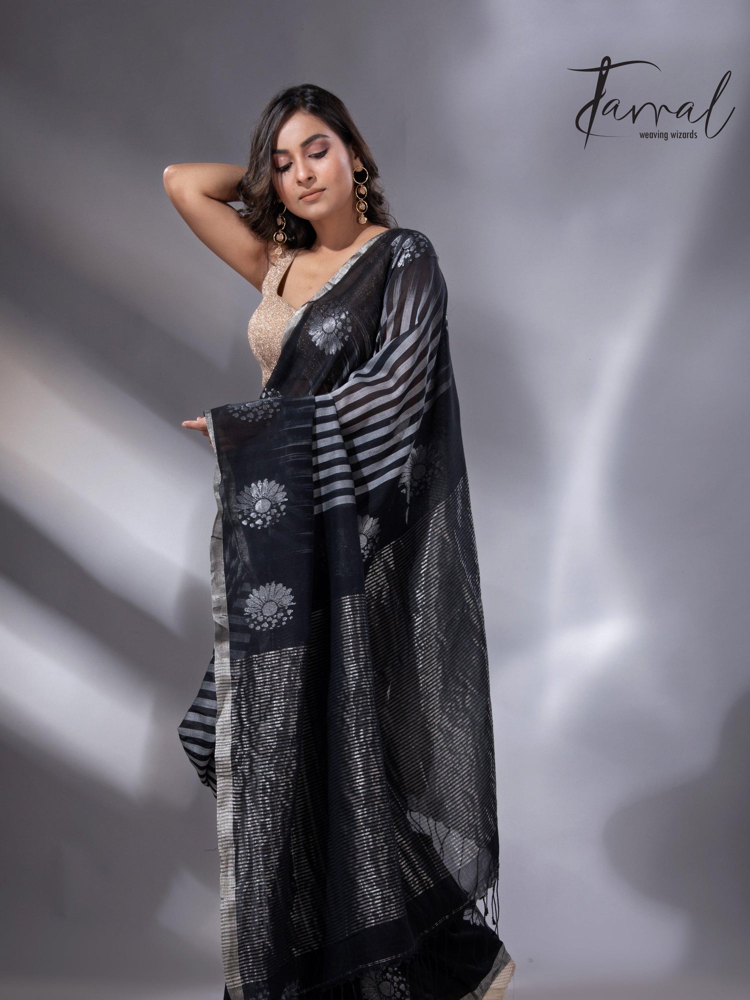 Black colour with zari striped pure cotton handloom saree 
