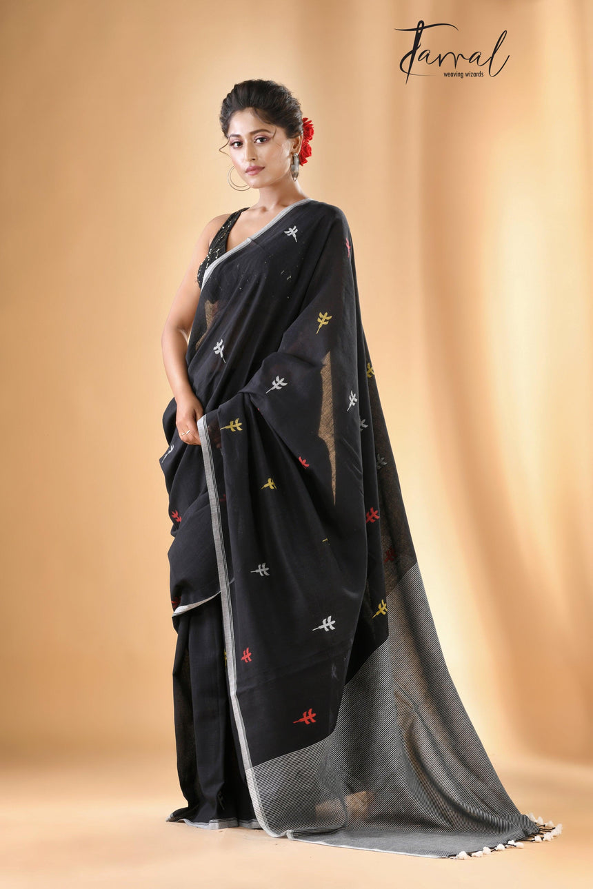 Black cotton jolphoring handwoven jamdani saree full