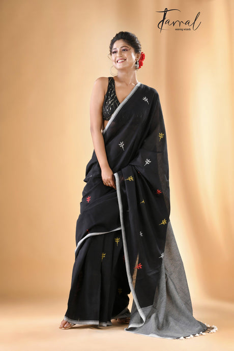 Black cotton jolphoring handwoven jamdani saree - Tamal Boutique