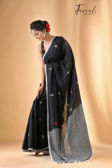 Black cotton jolphoring handwoven jamdani saree - Tamal Boutique