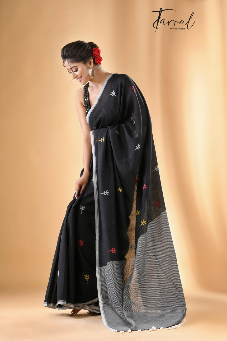 Black cotton jolphoring handwoven jamdani saree - Tamal Boutique