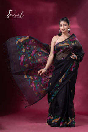 Black  floral motifs floral motifs muslin silk handwoven jamdani saree