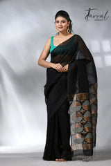 Black in geomatric circle silk linen handwoven jamdani saree