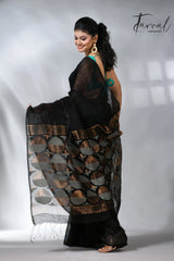 Black in geomatric circle silk linen handwoven jamdani saree
