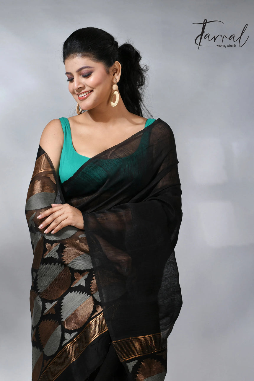 Black in geomatric circle silk linen handwoven jamdani saree