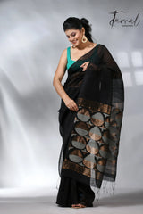 Black in geomatric circle silk linen handwoven jamdani saree