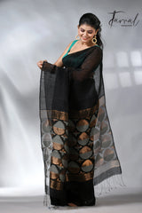 Black in geomatric circle silk linen handwoven jamdani saree