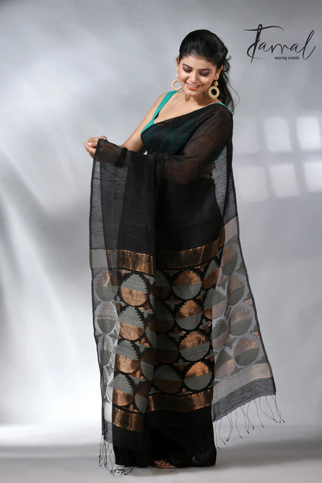 Black in geomatric circle silk linen handwoven jamdani saree