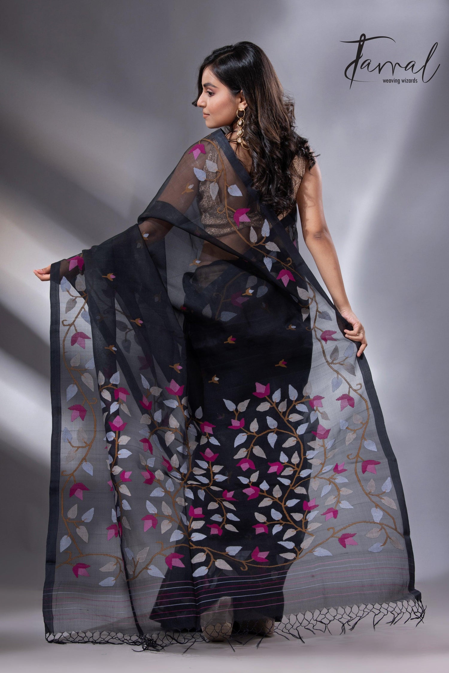 Black with multi colour muslin silk floral handwoven jamdani saree - Tamal Boutique