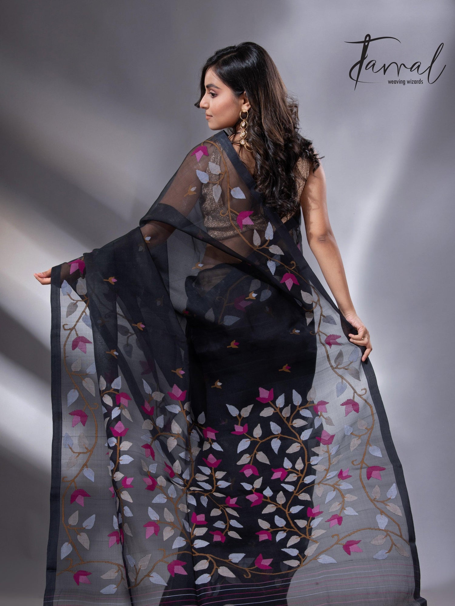 Black with multi colour muslin silk floral handwoven jamdani saree - Tamal Boutique