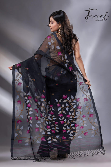 Black with multi colour muslin silk floral handwoven jamdani saree - Tamal Boutique