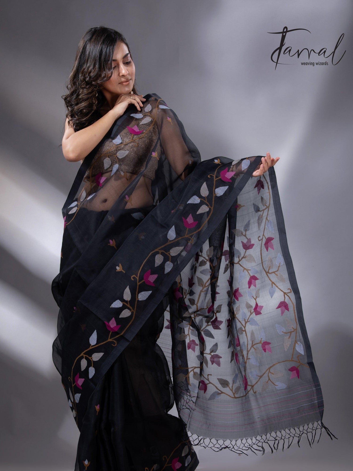 Black multicolour in muslin silk floral handwoven jamdani saree 