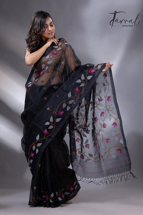 Black multicolour in muslin silk floral handwoven jamdani saree 