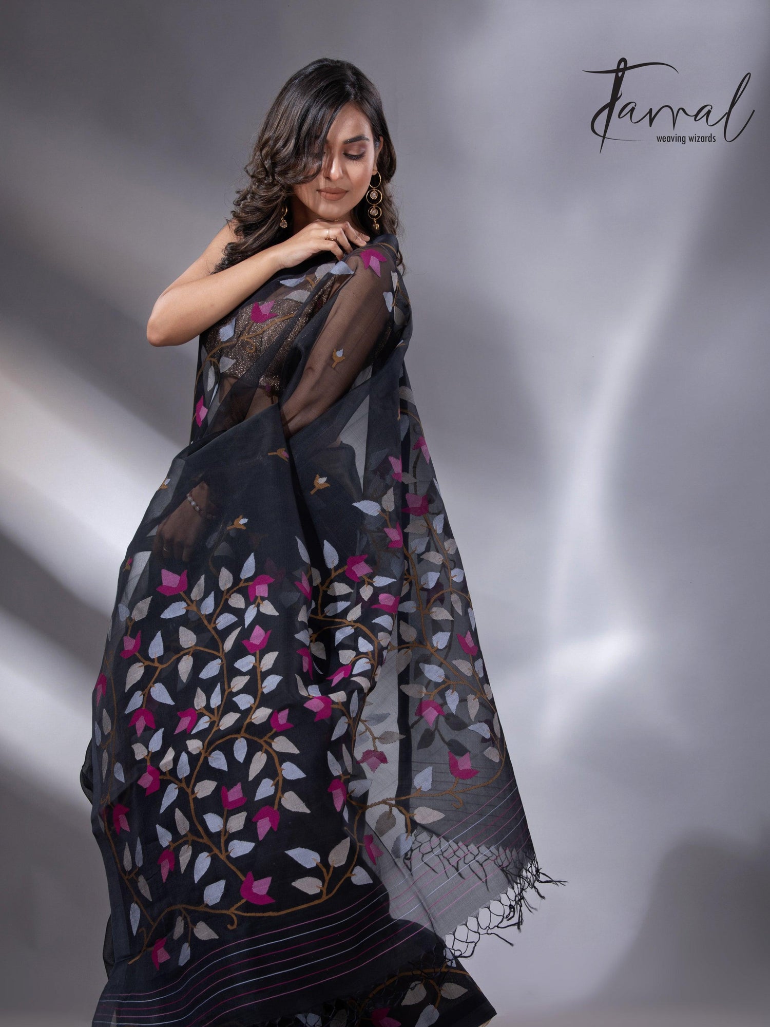 Black with multi colour muslin silk floral handwoven jamdani saree - Tamal Boutique