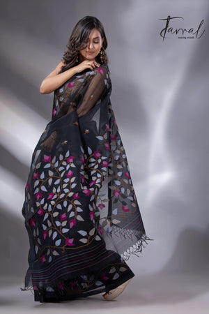 Black with multi colour muslin silk floral handwoven jamdani saree - Tamal Boutique