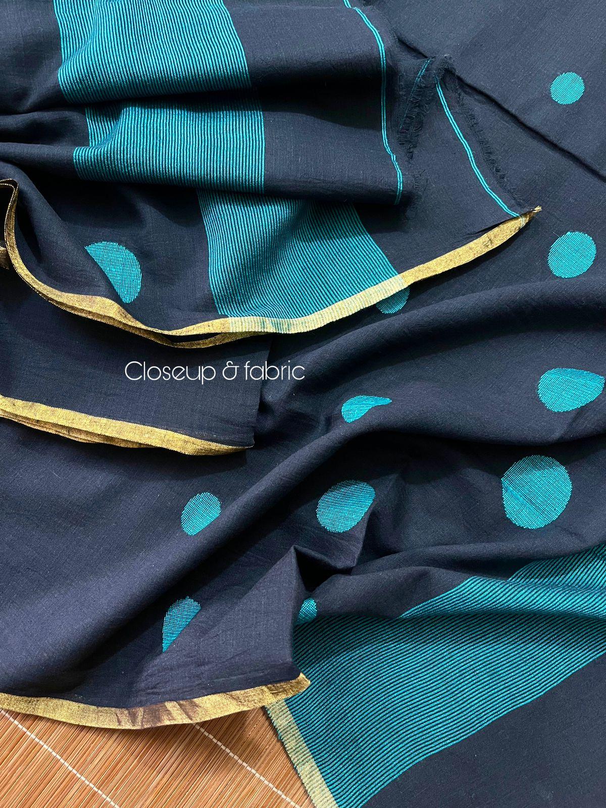 Black with firoza colour palka dot cotton handwoven jamadani kurti & dupatta set - Tamal Boutique