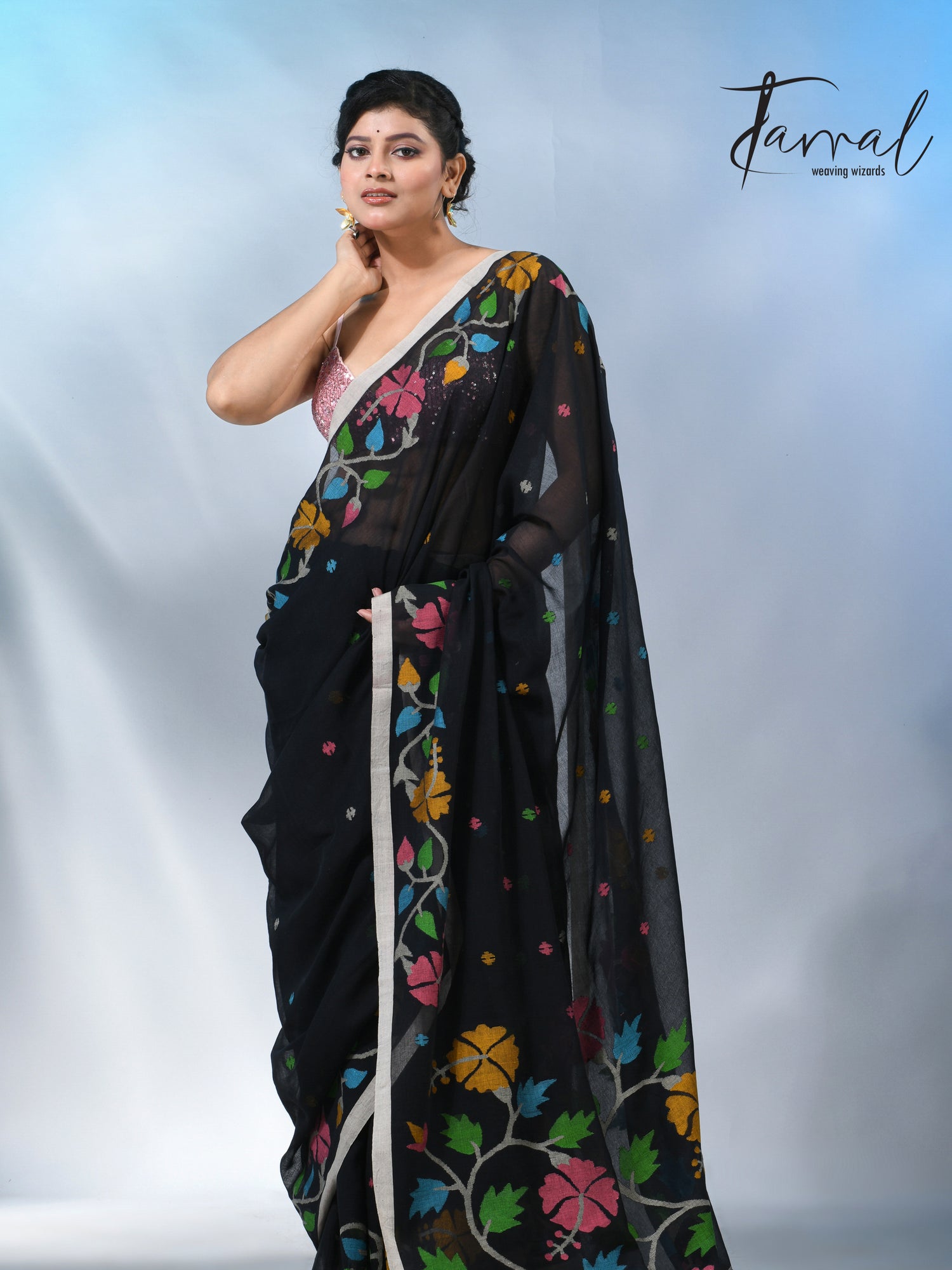Black pure cotton hibiscus floral handwoven jamdani saree