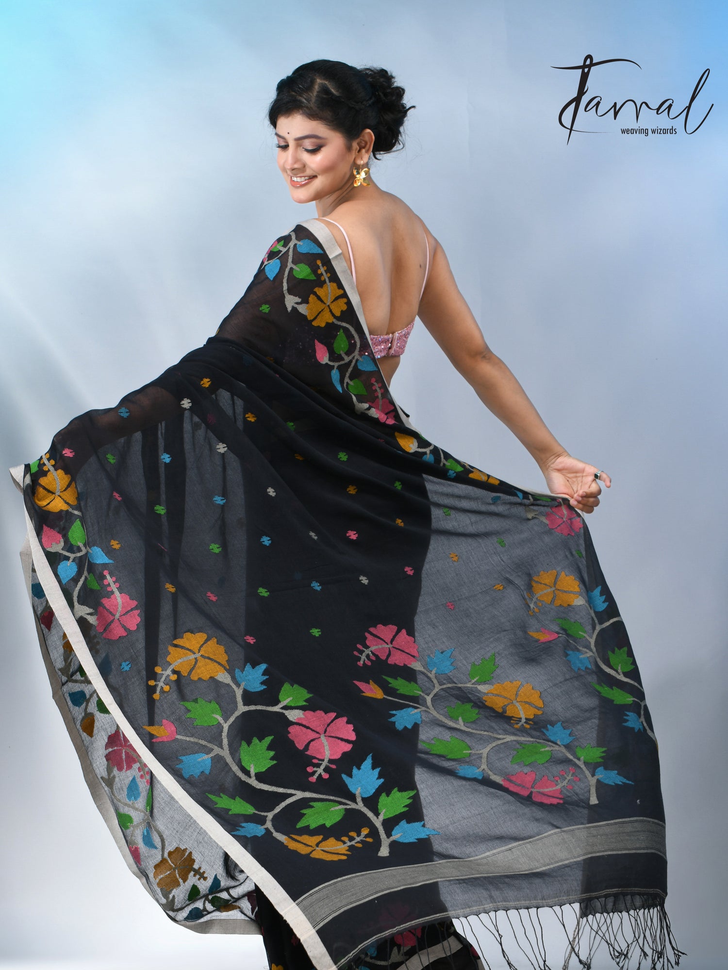 Black pure cotton hibiscus floral handwoven jamdani saree