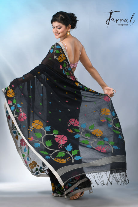 Black pure cotton hibiscus floral handwoven jamdani saree