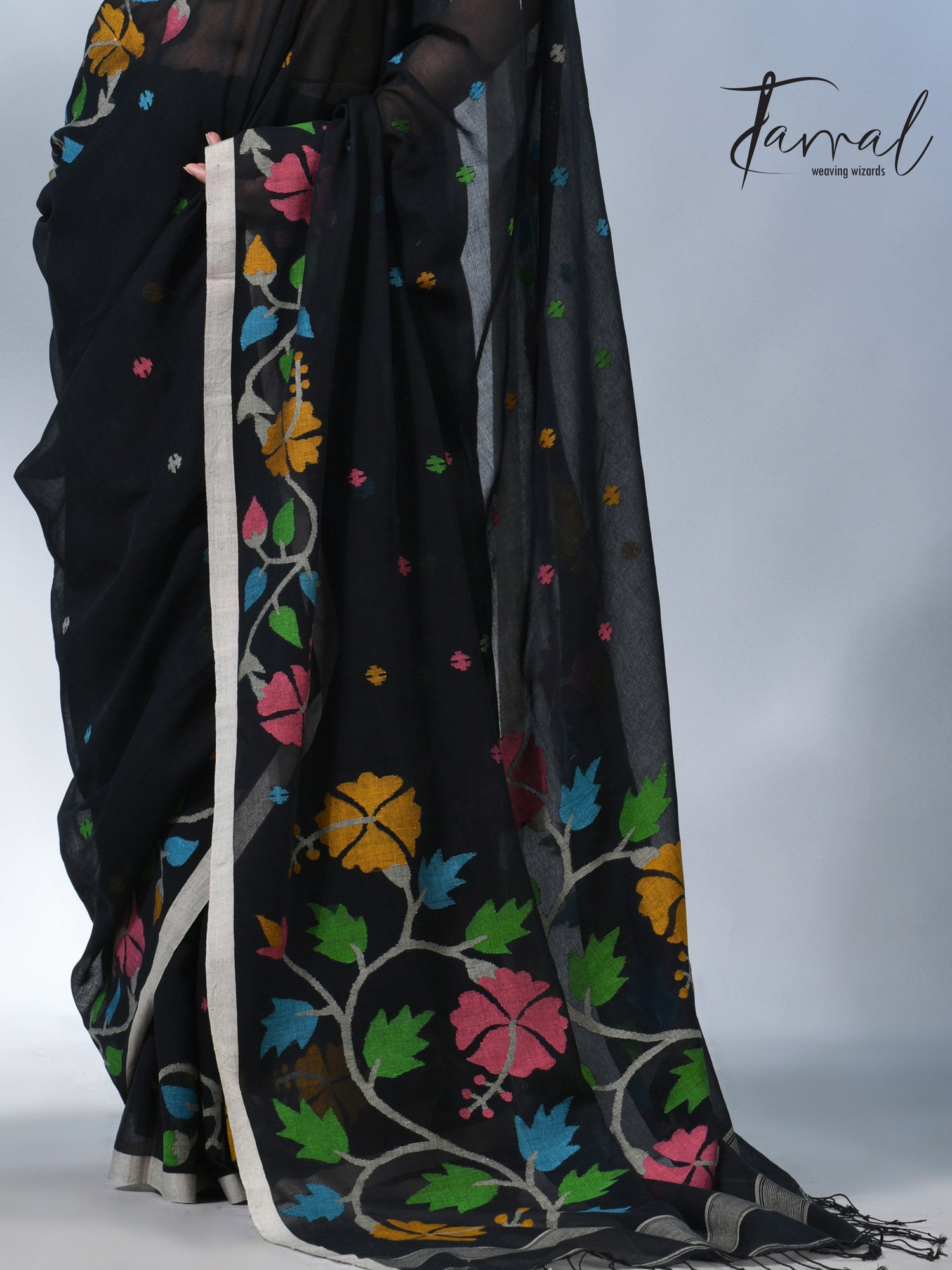 Black pure cotton hibiscus floral handwoven jamdani saree