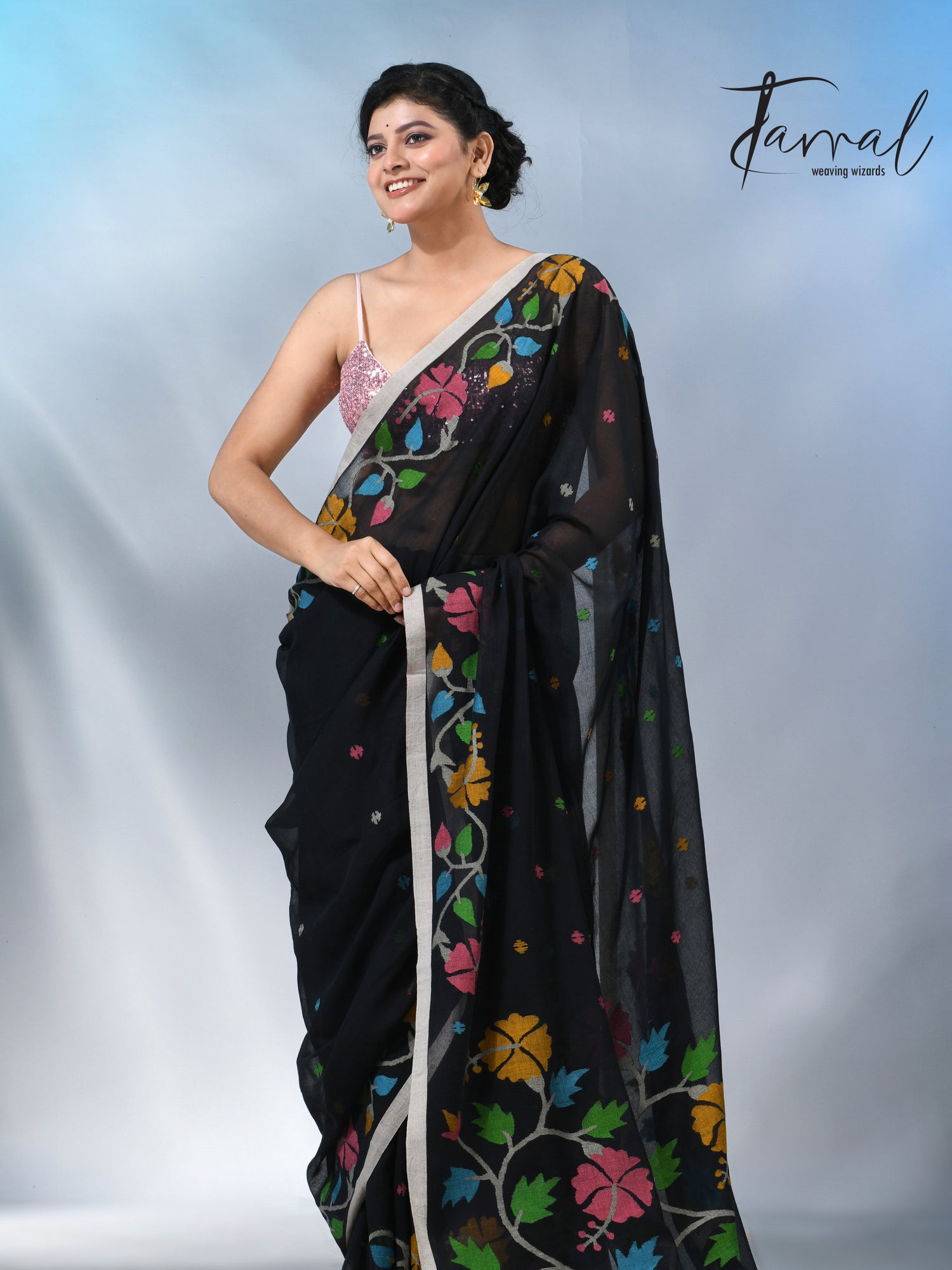 Black pure cotton hibiscus floral handwoven jamdani saree