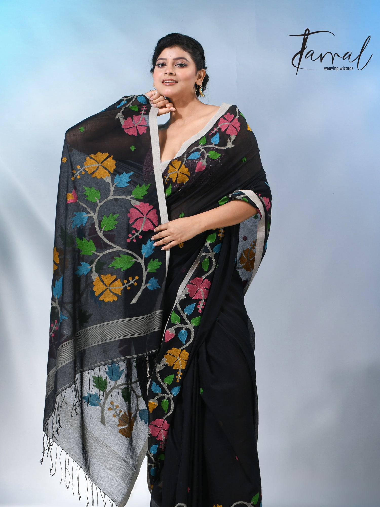 Black pure cotton hibiscus floral handwoven jamdani saree